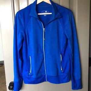 Tangerine cobalt blue athletic jacket.